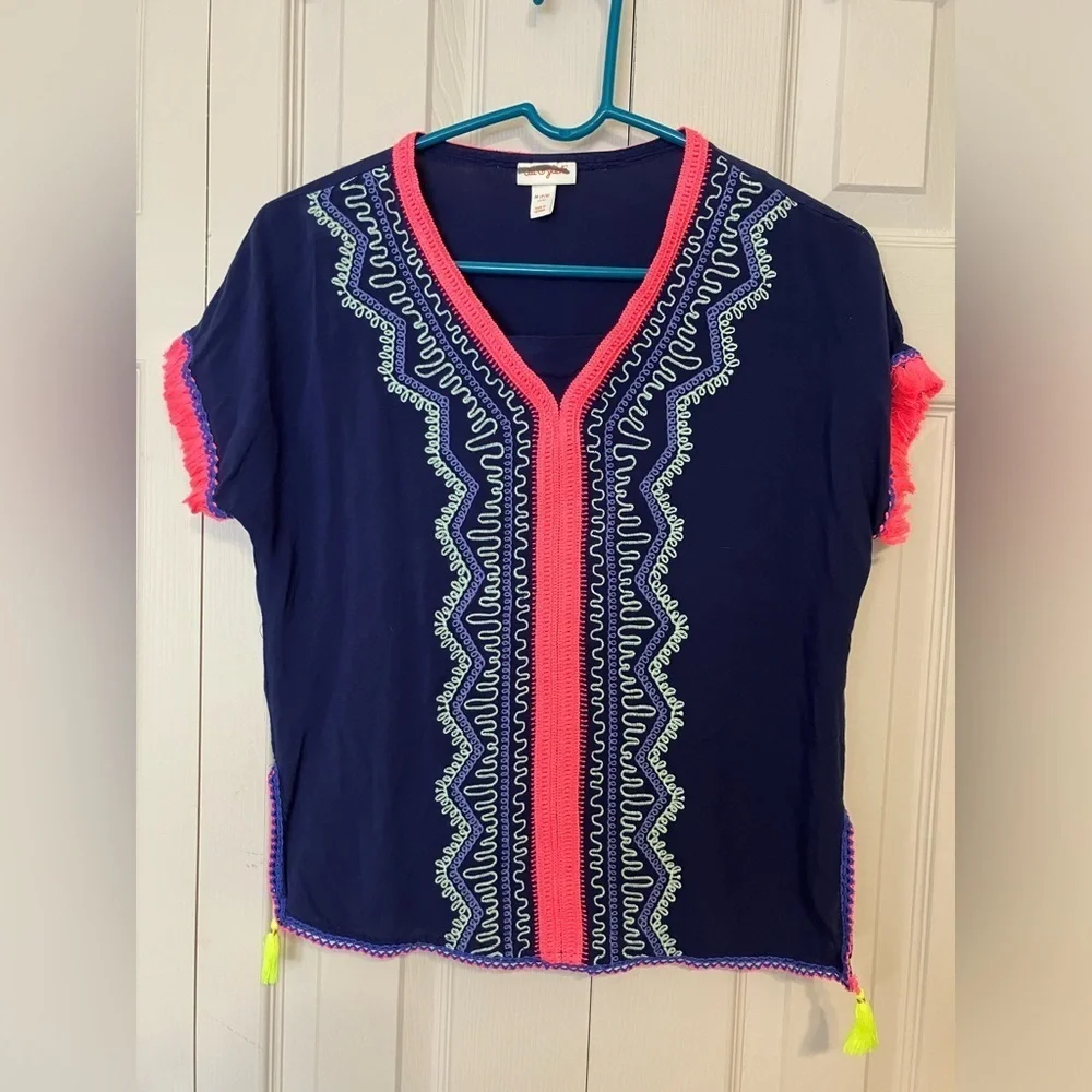 Cat And Jack Top Girls Sz 7/8 Blue Boho Embroidery Casual Rayon Back To‎ School